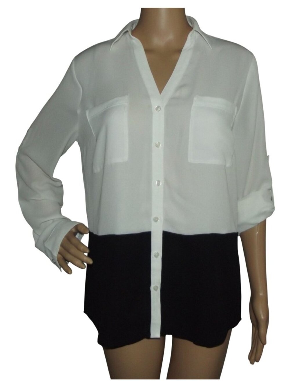 Express Shirt Womens Large White Black colorblock button roll tab sleeve office